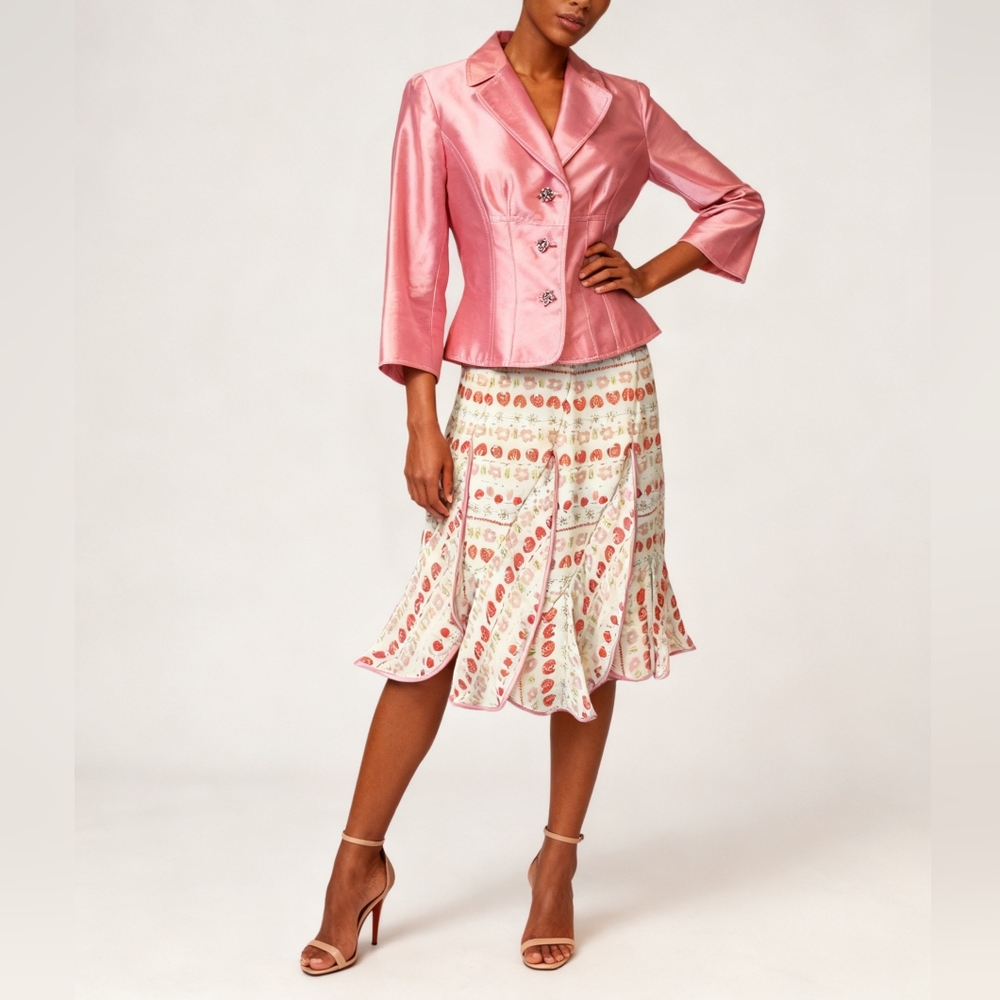 Kay Unger Pink Silk Blend Jacket Asymmetrical Stawberry Pattern Cream Skirt